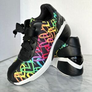 Skechers x JGoldcrown Black Multi Rainbow Graffiti Print Hearts Wedge Sneaker 8